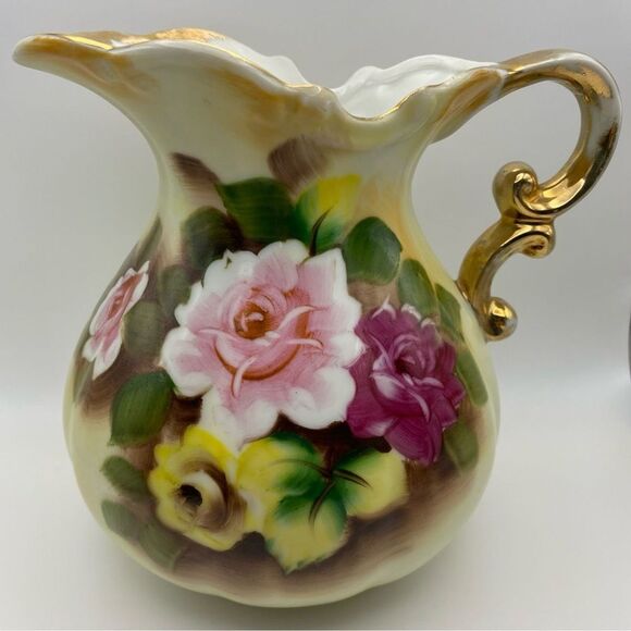 Unknown Other - Vintage Porcelain Rose‑Pattern Pitcher with Gold Accents – Approx 6″x6.5